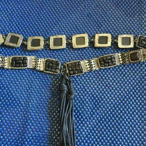 Vintage!  Denaive~Silver Metal w/Black Stones Link Belt~28" long~ Made in France